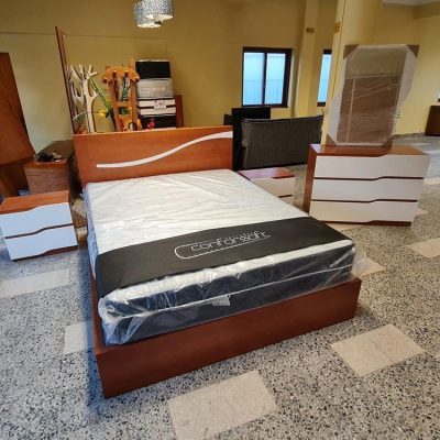 Cómoda, 2 mesinhas e espelho — cerejeira e branco